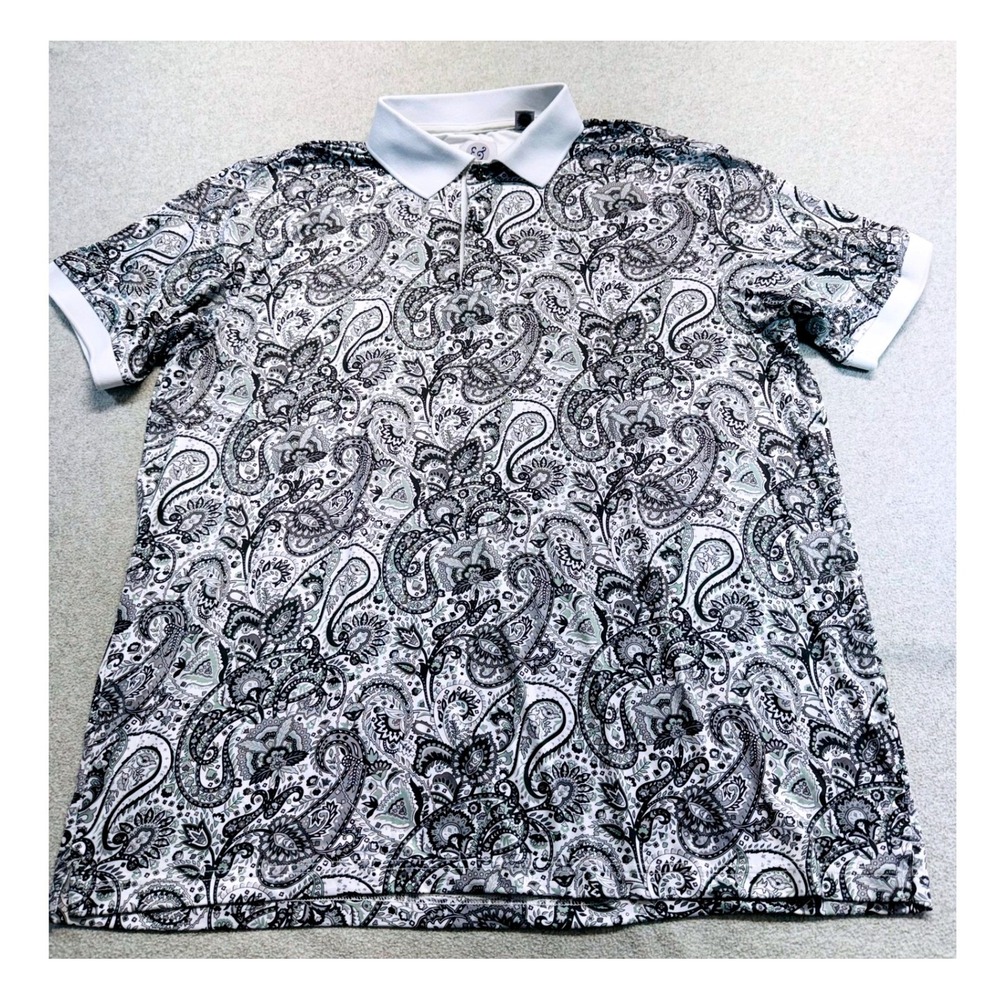 Kilburne & Finch Polo Shirt Mens XL White Black Paisley Stretch Performance